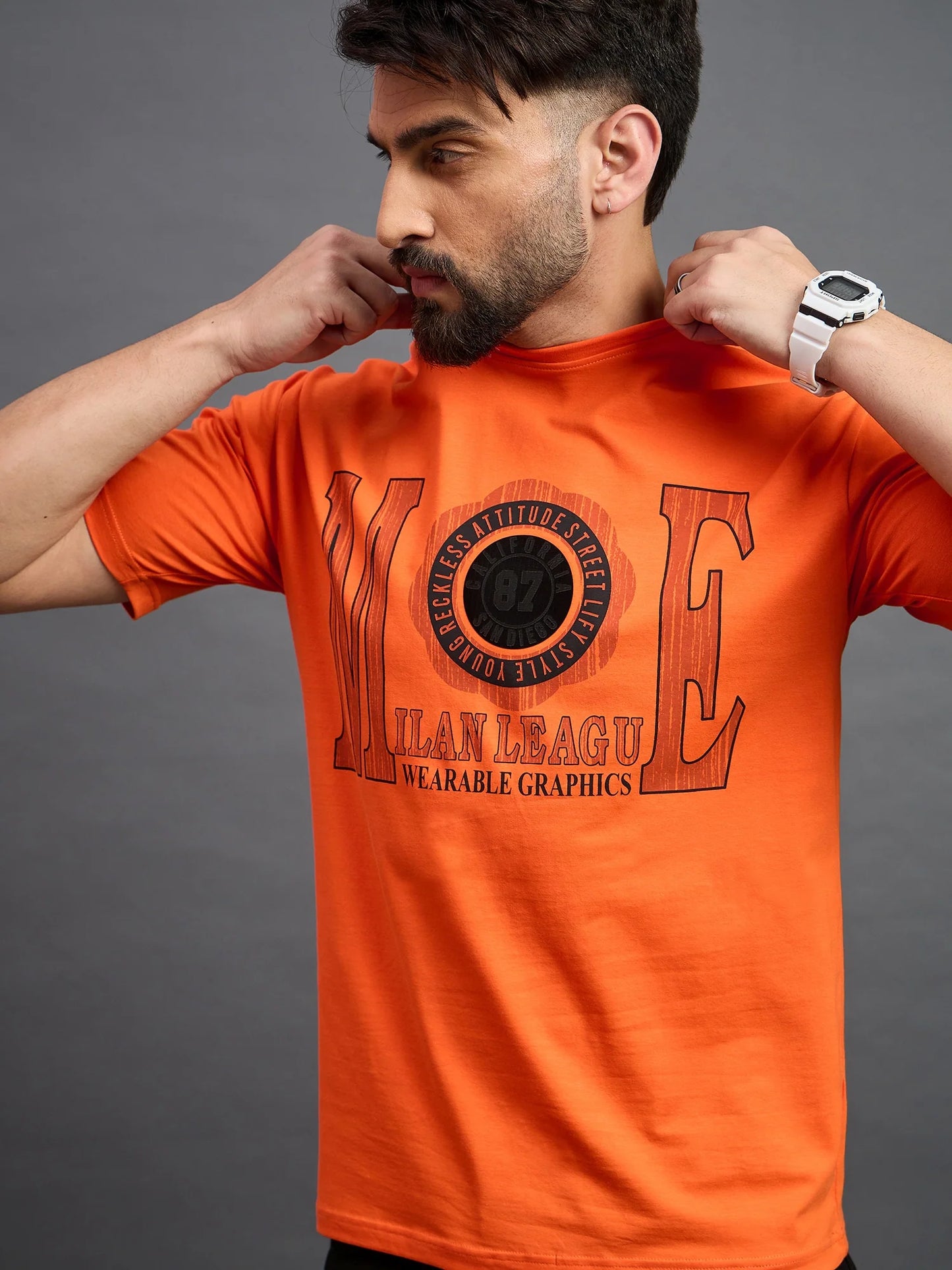 Men Printed Oversized Round Neck Drop Shoulder T-shirt Orange