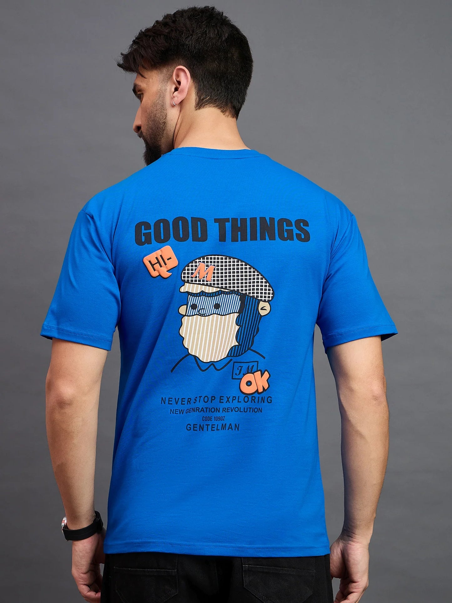 Men Printed Oversized Round Neck Drop Shoulder T-shirt Royal Blue