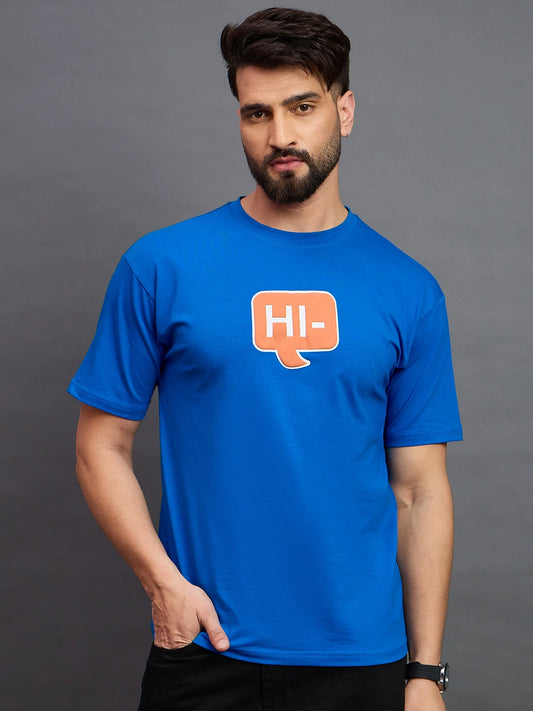 Men Printed Oversized Round Neck Drop Shoulder T-shirt Royal Blue