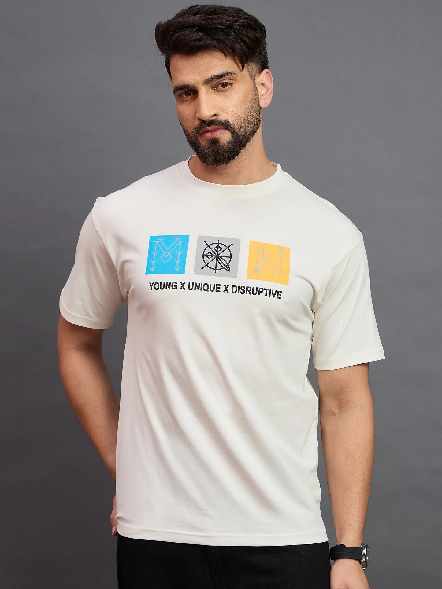 Men Printed Oversized Drop-Shoulder Off-White