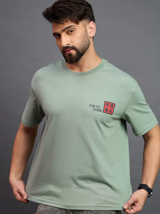 Men Printed Oversized Round Neck Drop Shoulder T-shirt Sage