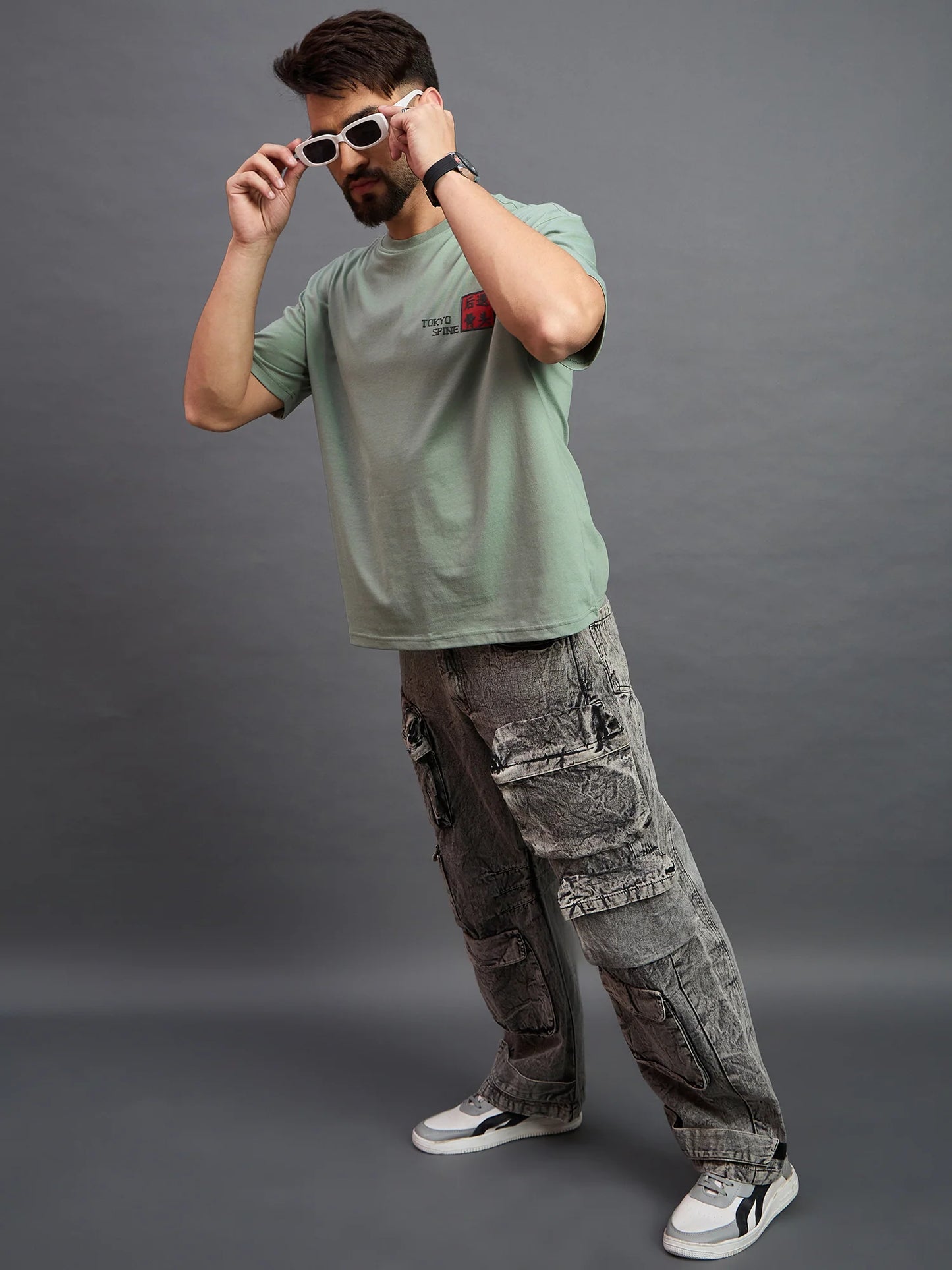 Men Printed Oversized Round Neck Drop Shoulder T-shirt Sage