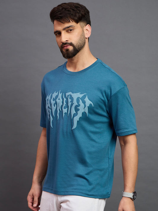 Men Printed Oversized Round Neck Drop Shoulder T-shirt Blue