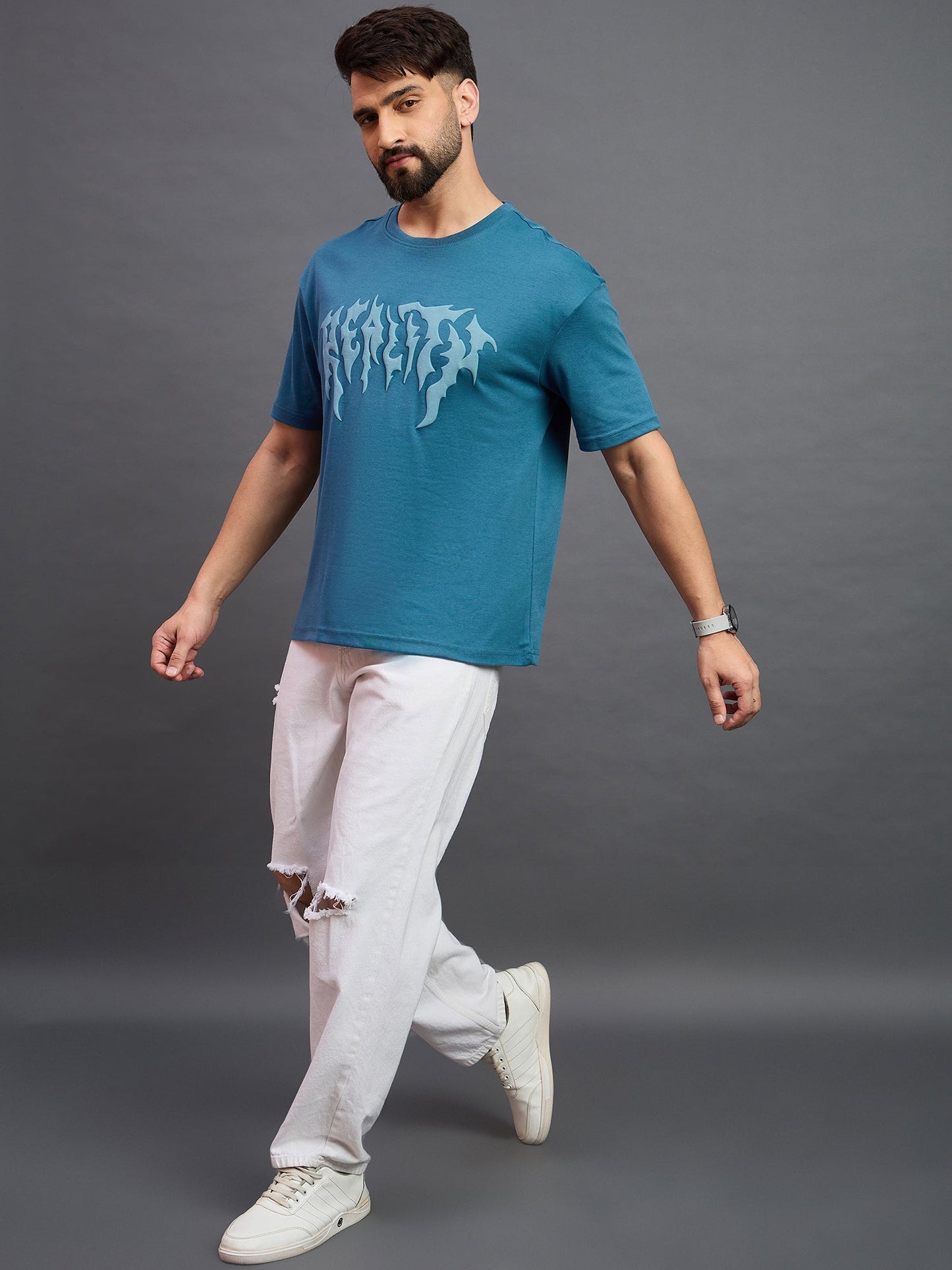 Men Printed Oversized Round Neck Drop Shoulder T-shirt Blue