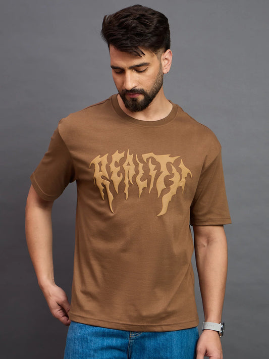 Men Printed Oversized Round Neck Drop Shoulder T-shirt Light Brown
