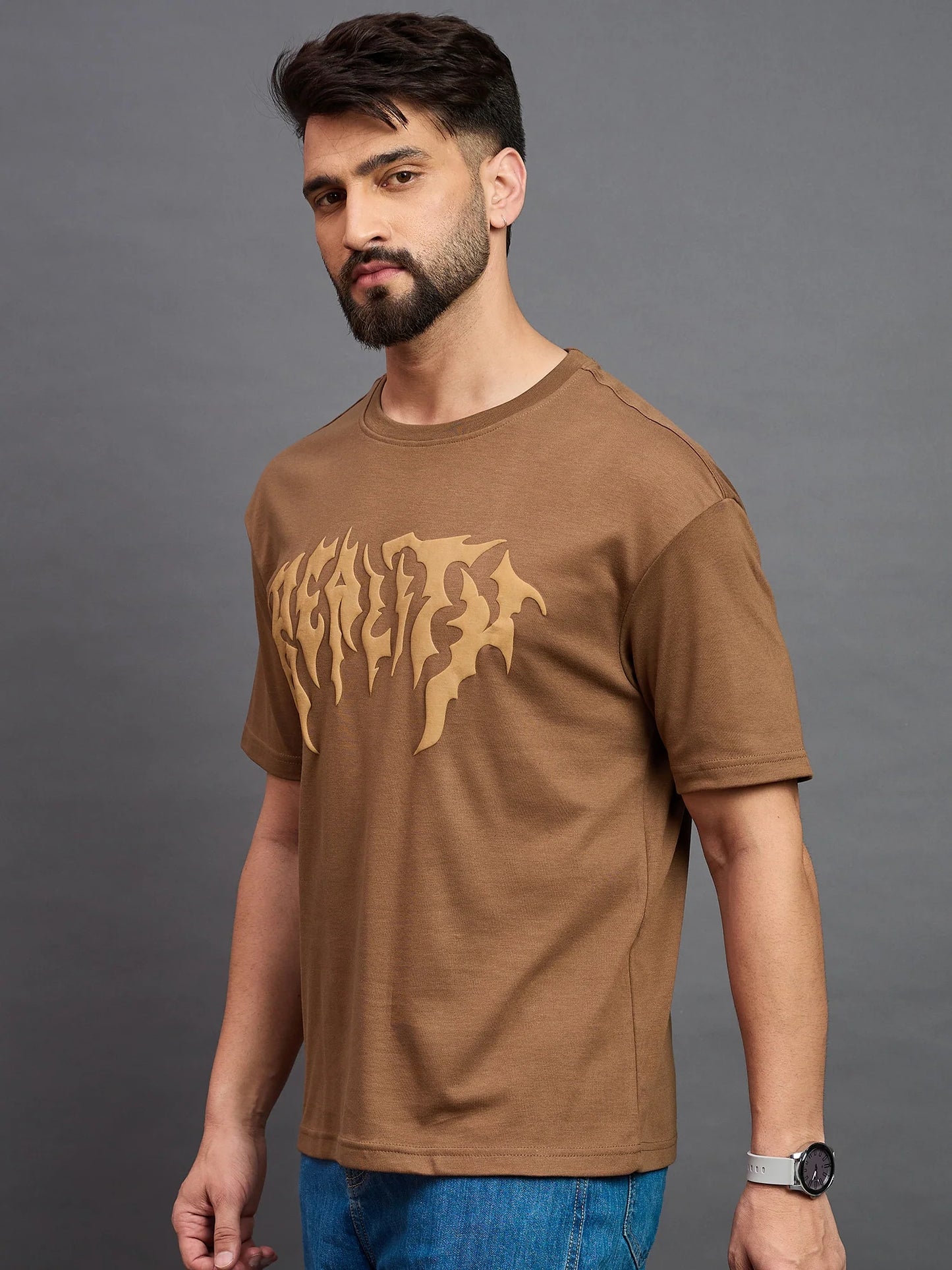 Men Printed Oversized Round Neck Drop Shoulder T-shirt Light Brown