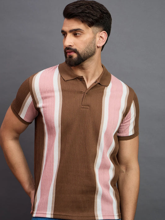 Men Polo Brown Striped T-Shirts