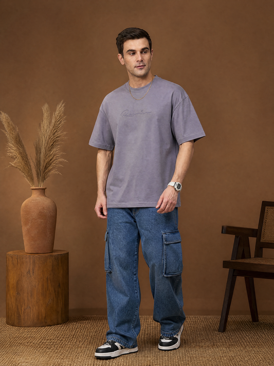 Men Oversize Printed Round Neck T-shirt Lavender