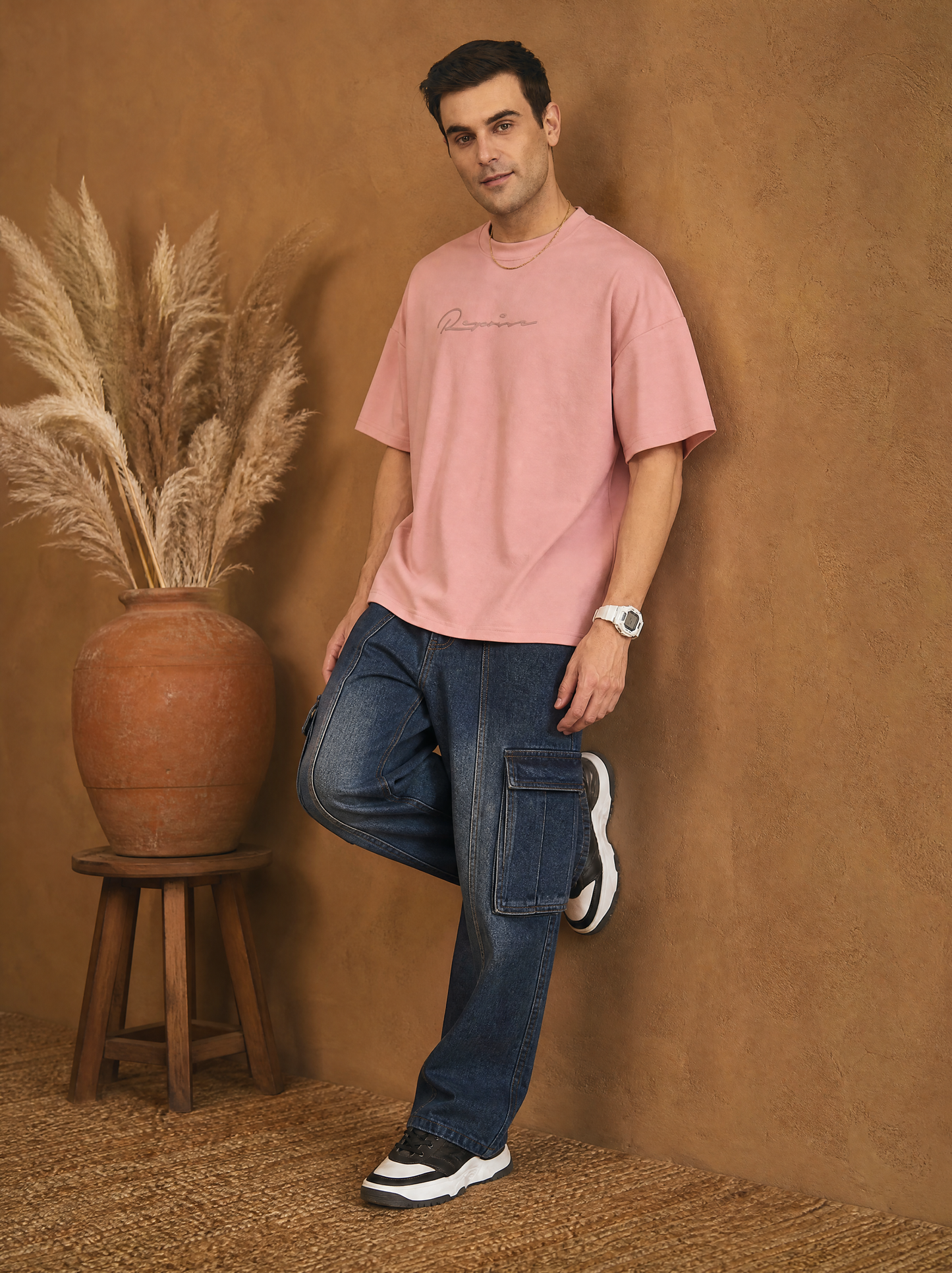 Men Oversize Printed Round Neck T-shirt Peach