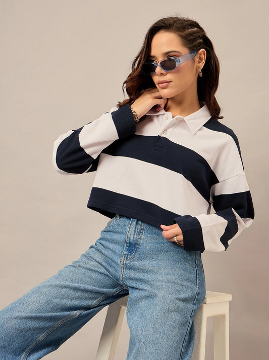 Women Striped Rugby Polo Top - Reprise