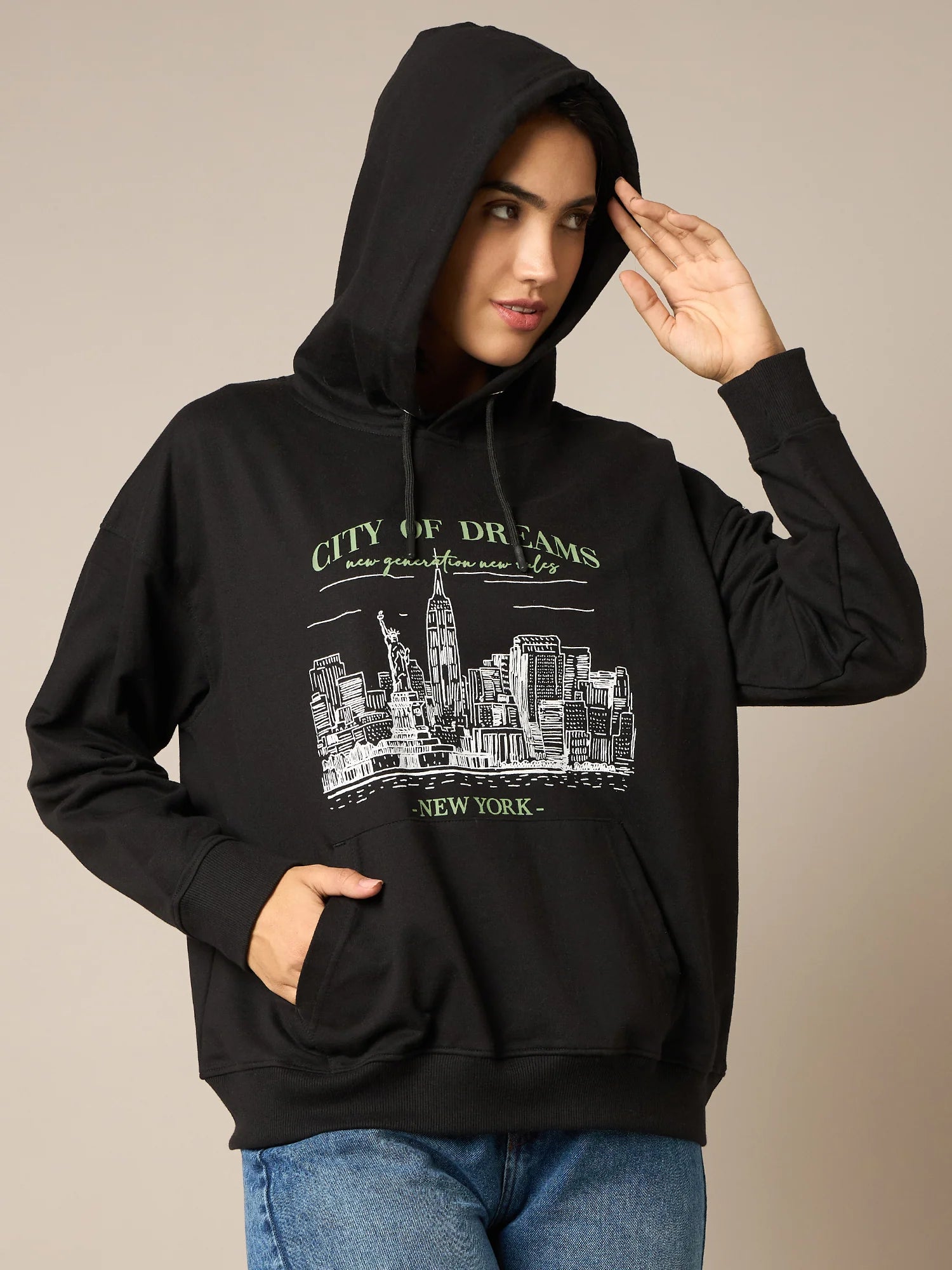 Women Black Printed Hoodie - Reprise
