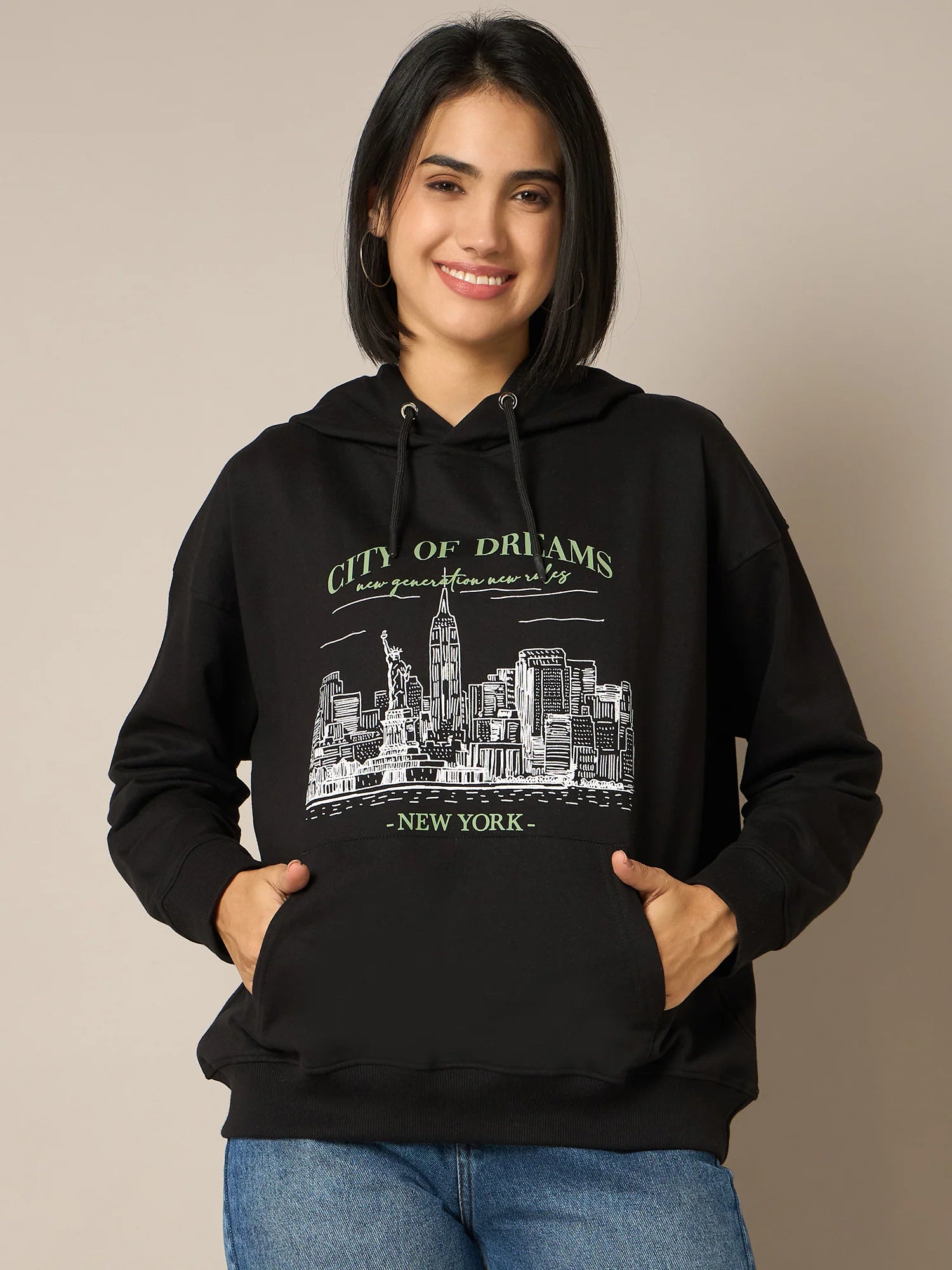 Women Black Printed Hoodie - Reprise