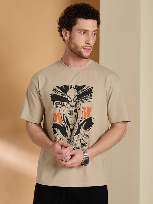 Reprise x Spiderman Beige Printed Round Neck Tshirt