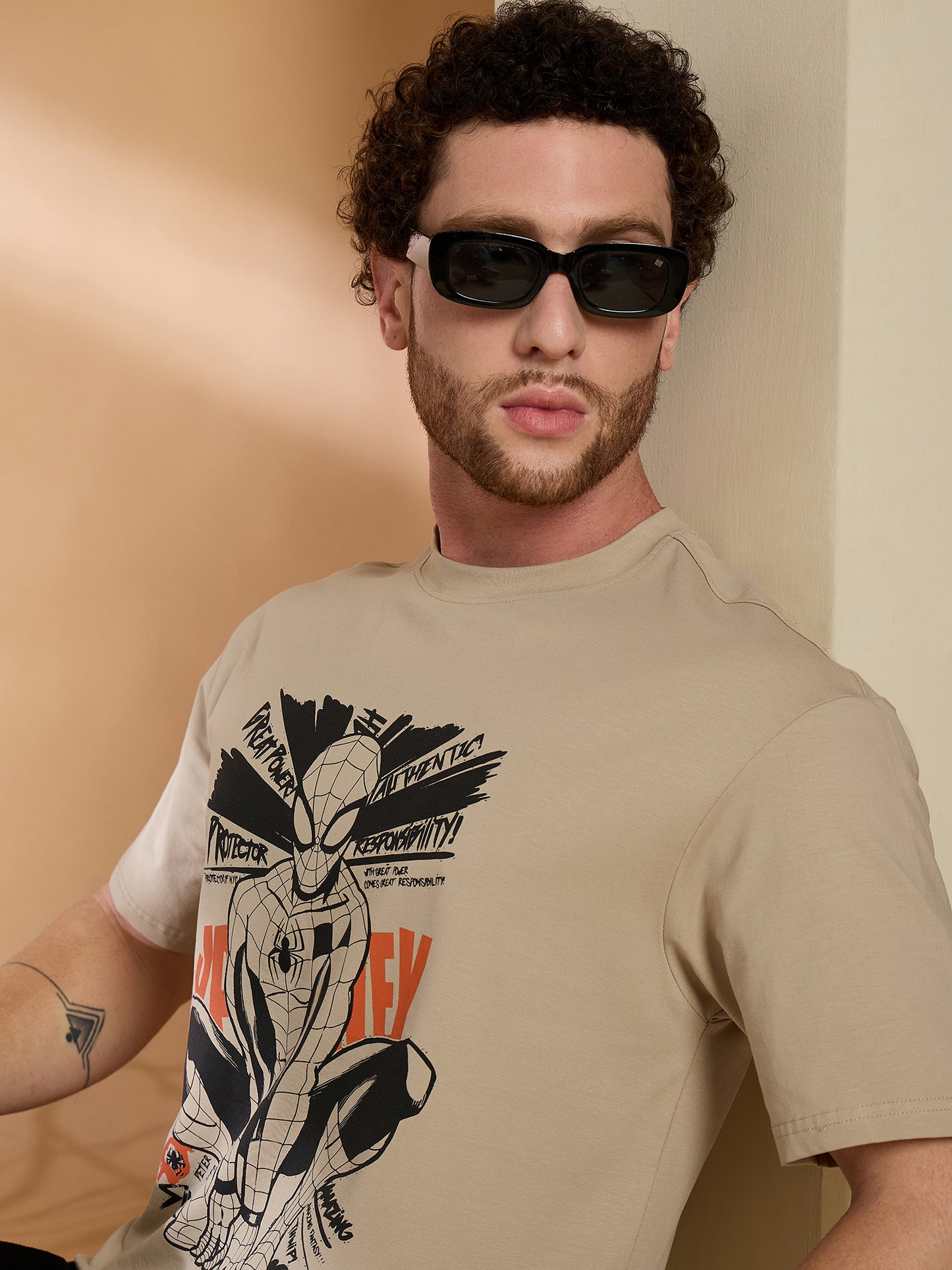 Reprise x Spiderman Beige Printed Round Neck Tshirt