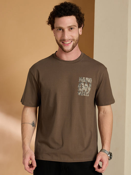Men Oversized Printed Round Neck Drop shoulder T-shirt Brown - Reprise