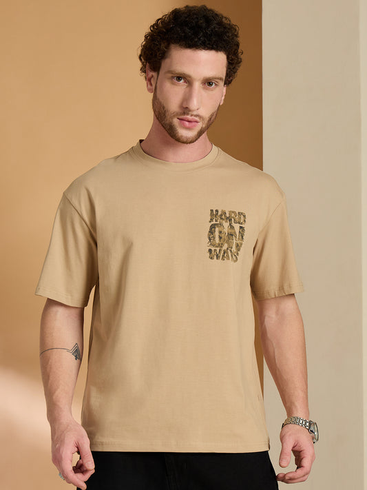 Men Oversized Printed Round Neck Drop shoulder T-shirt Beige - Reprise
