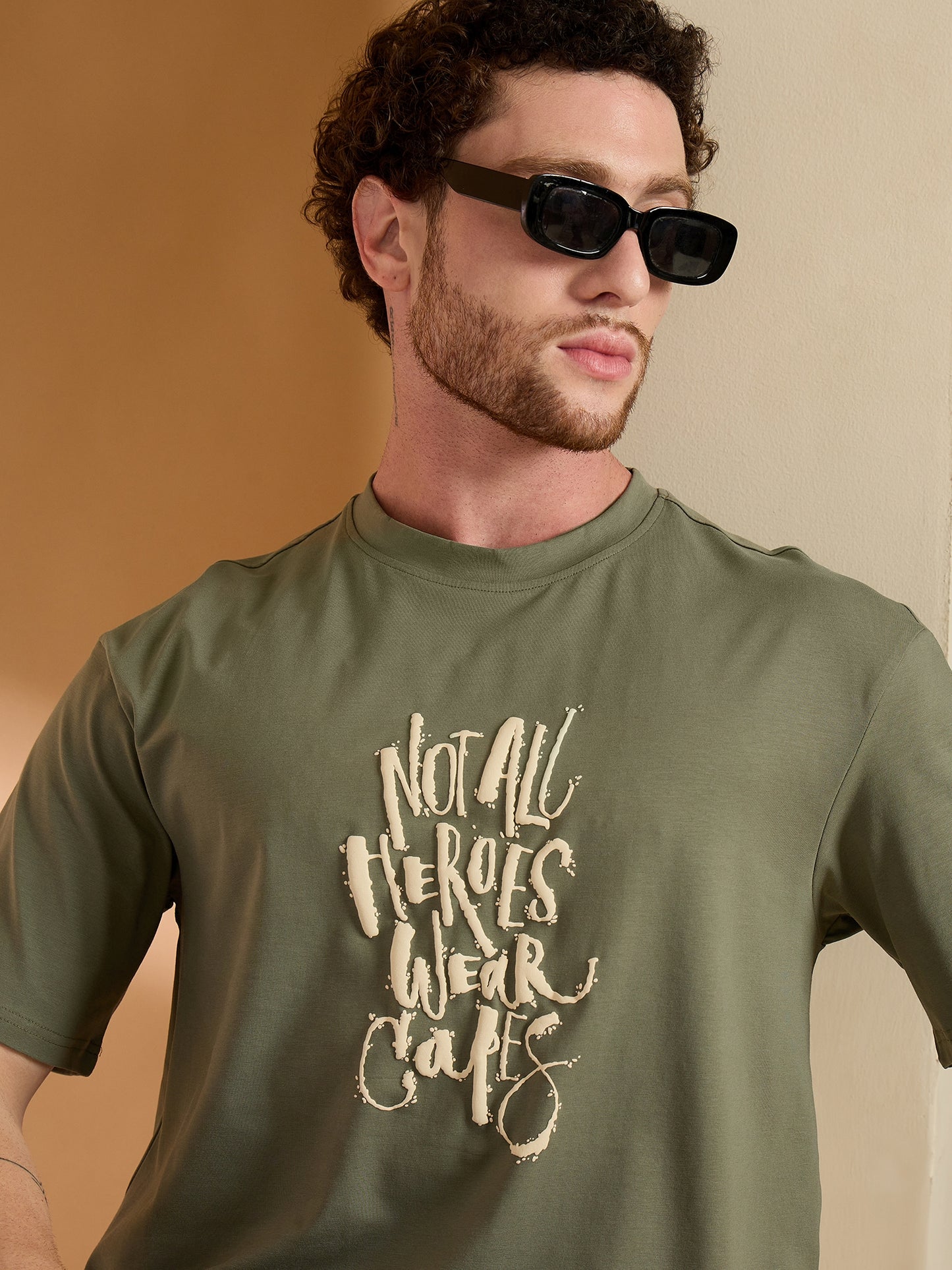 Men Oversized Printed Round Neck Drop shoulder T-shirt Olive