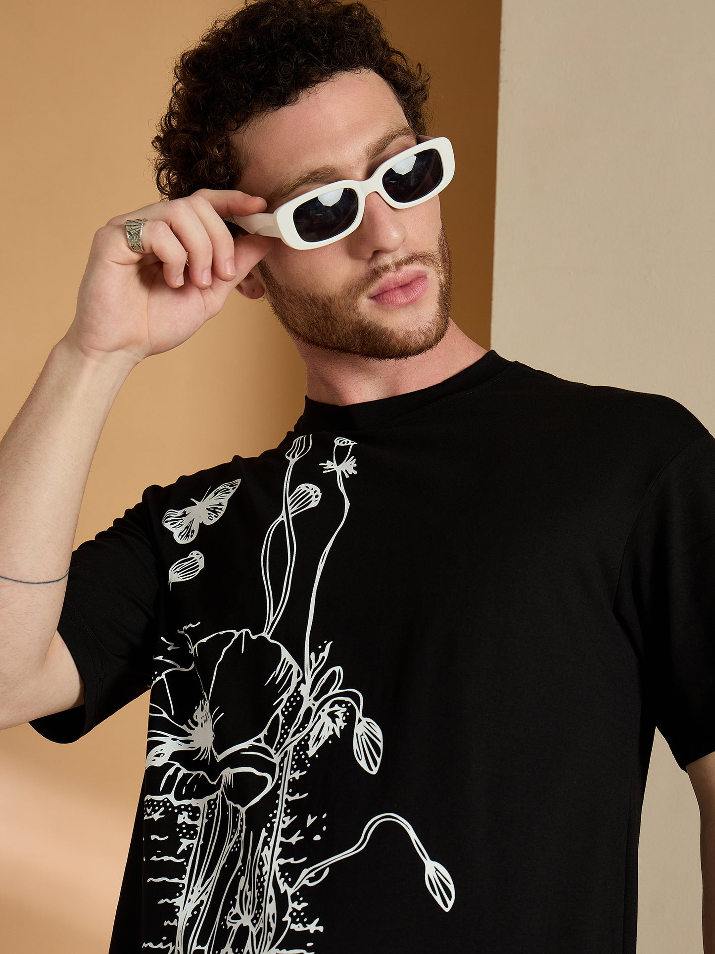 Black Printed Round Neck Tee