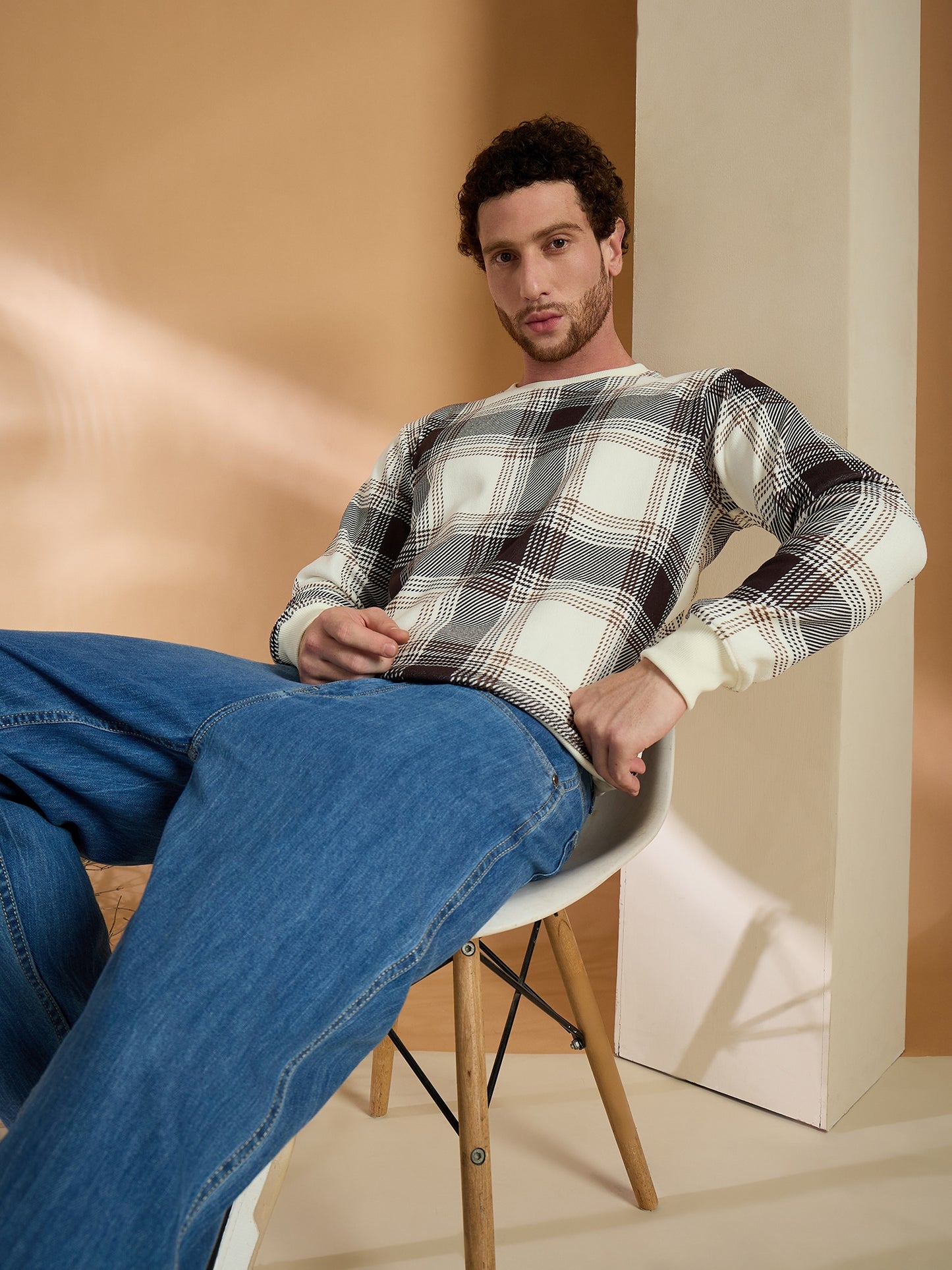 Brown Checked Full Sleeves Sweatshirt