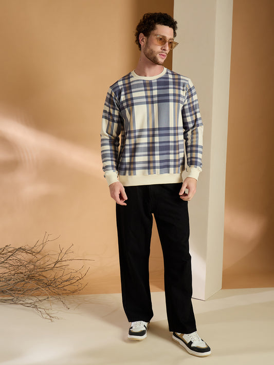 Blue Checked Round Neck Sweatshirts