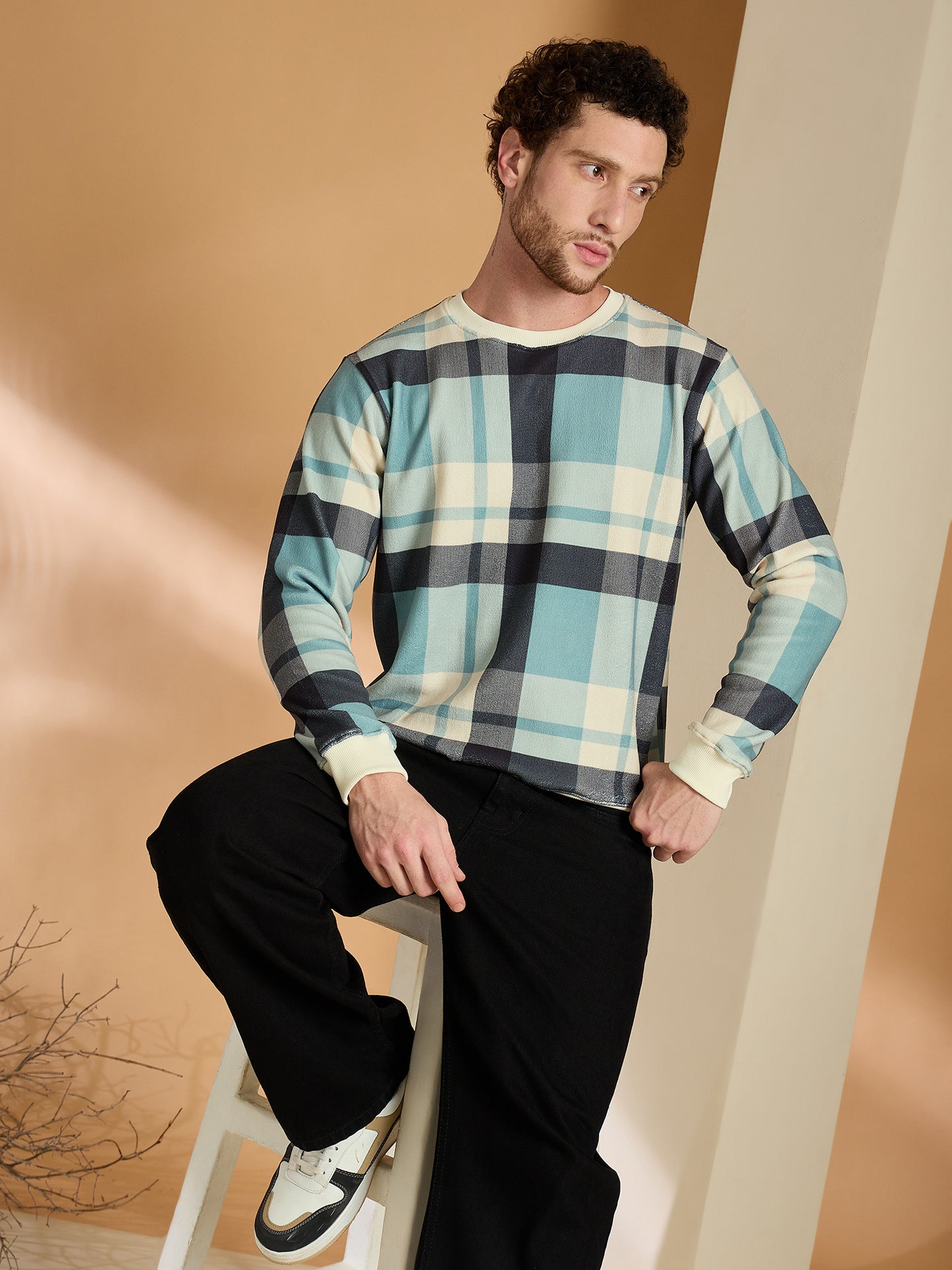 Blue & Green Checked Round Neck Sweatshirts