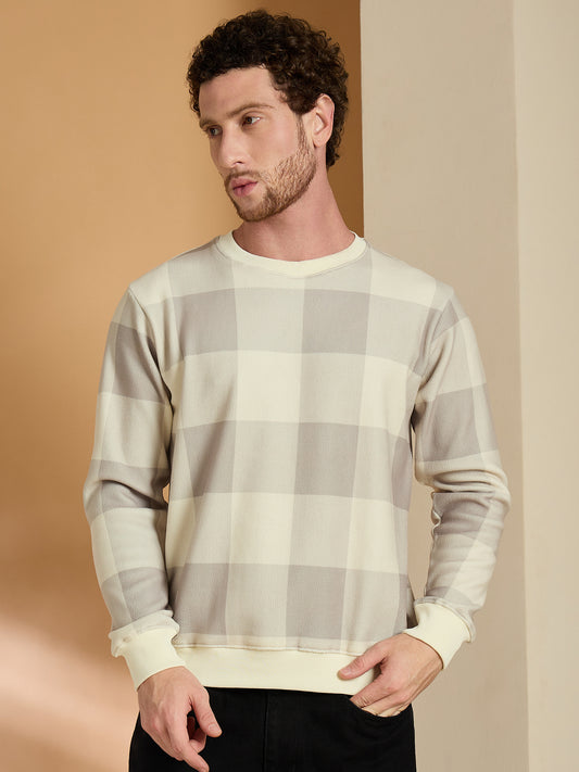 Beige Checked Full Sleeves Sweatshirt
