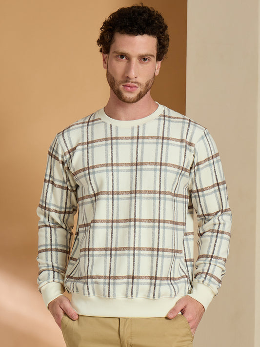 Off White Brown Checked Full Sleeves Round Neck Sweatshirt