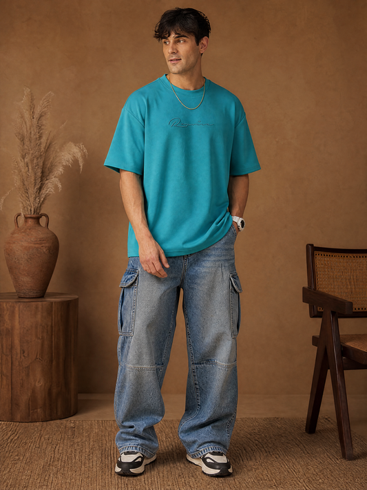 Men Oversize Printed Round Neck T-shirt Teal