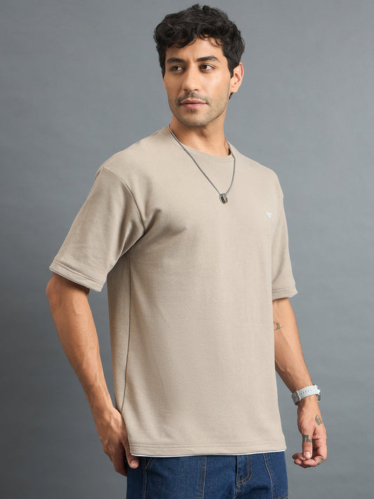 Men Oversized Round Neck Drop shoulder T-shirt Beige