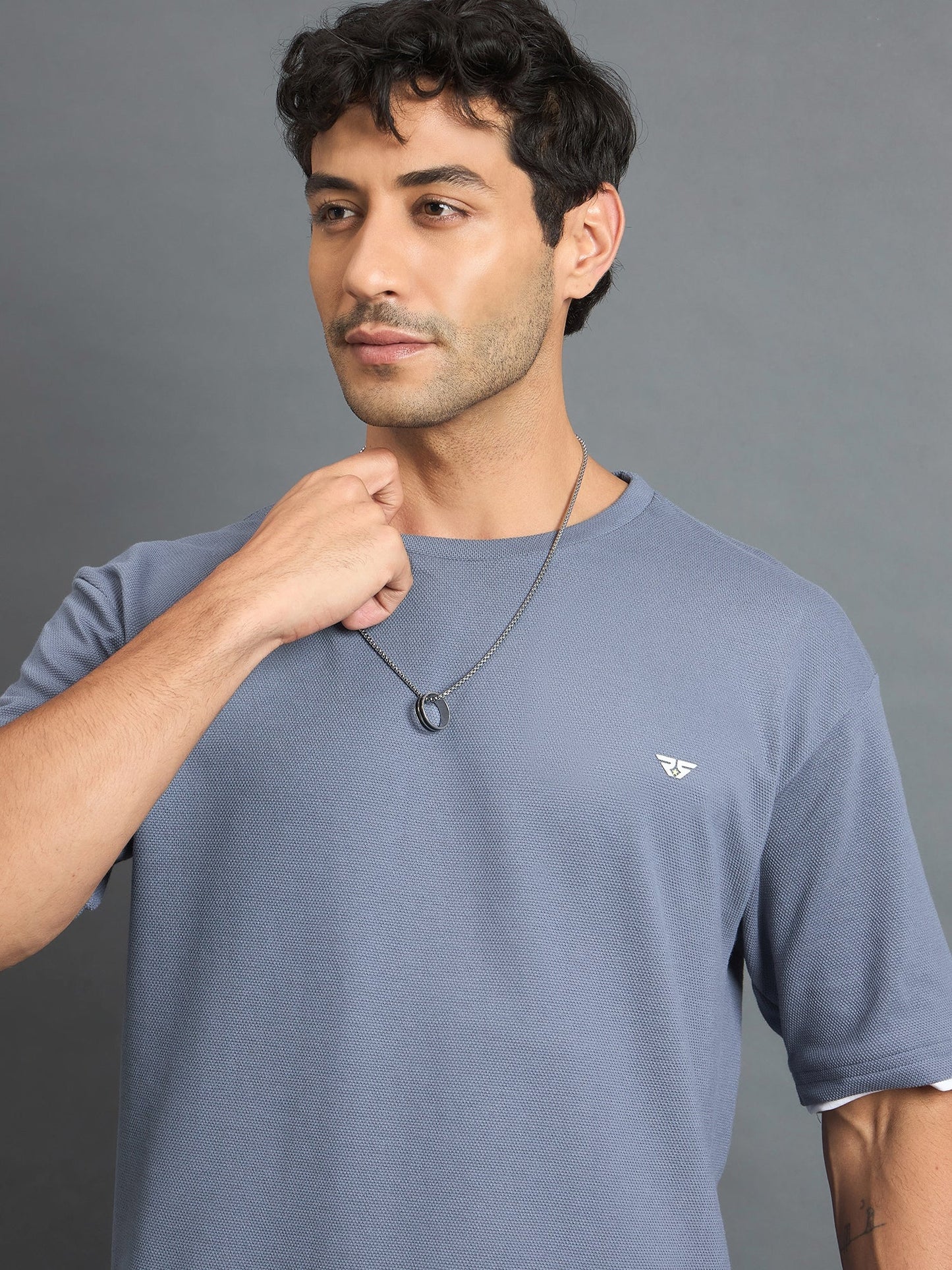 Men Oversized Round Neck Drop shoulder T-shirt Blue