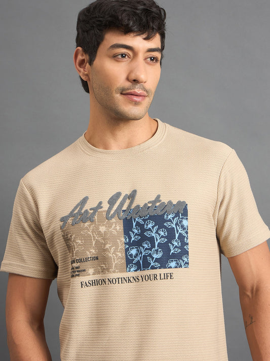 Men Textured Round Neck T-shirt Beige