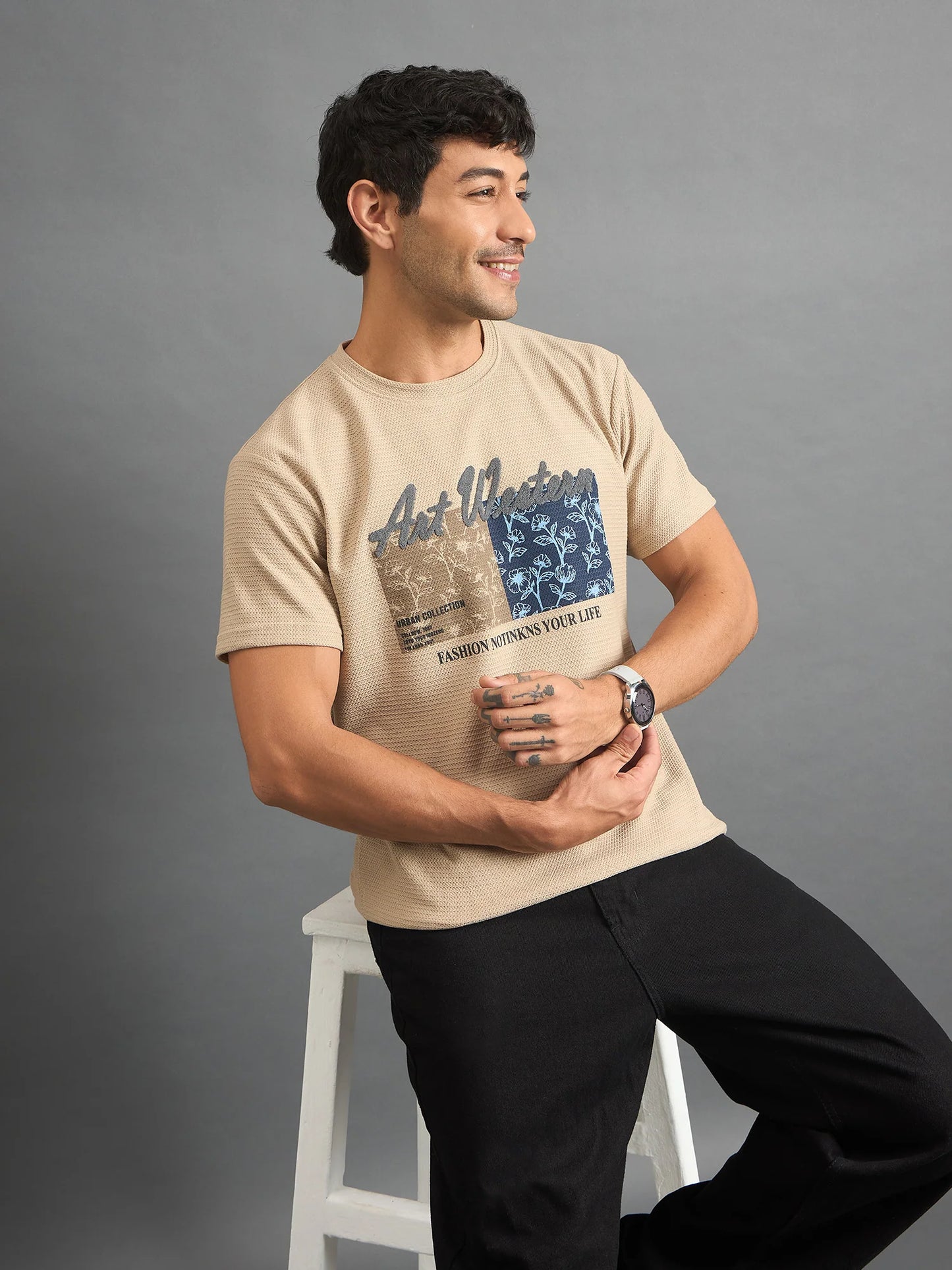 Men Textured Round Neck T-shirt Beige