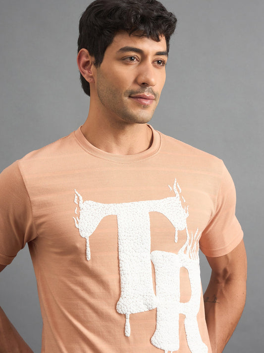 Men Printed Round Neck T-shirt Peach