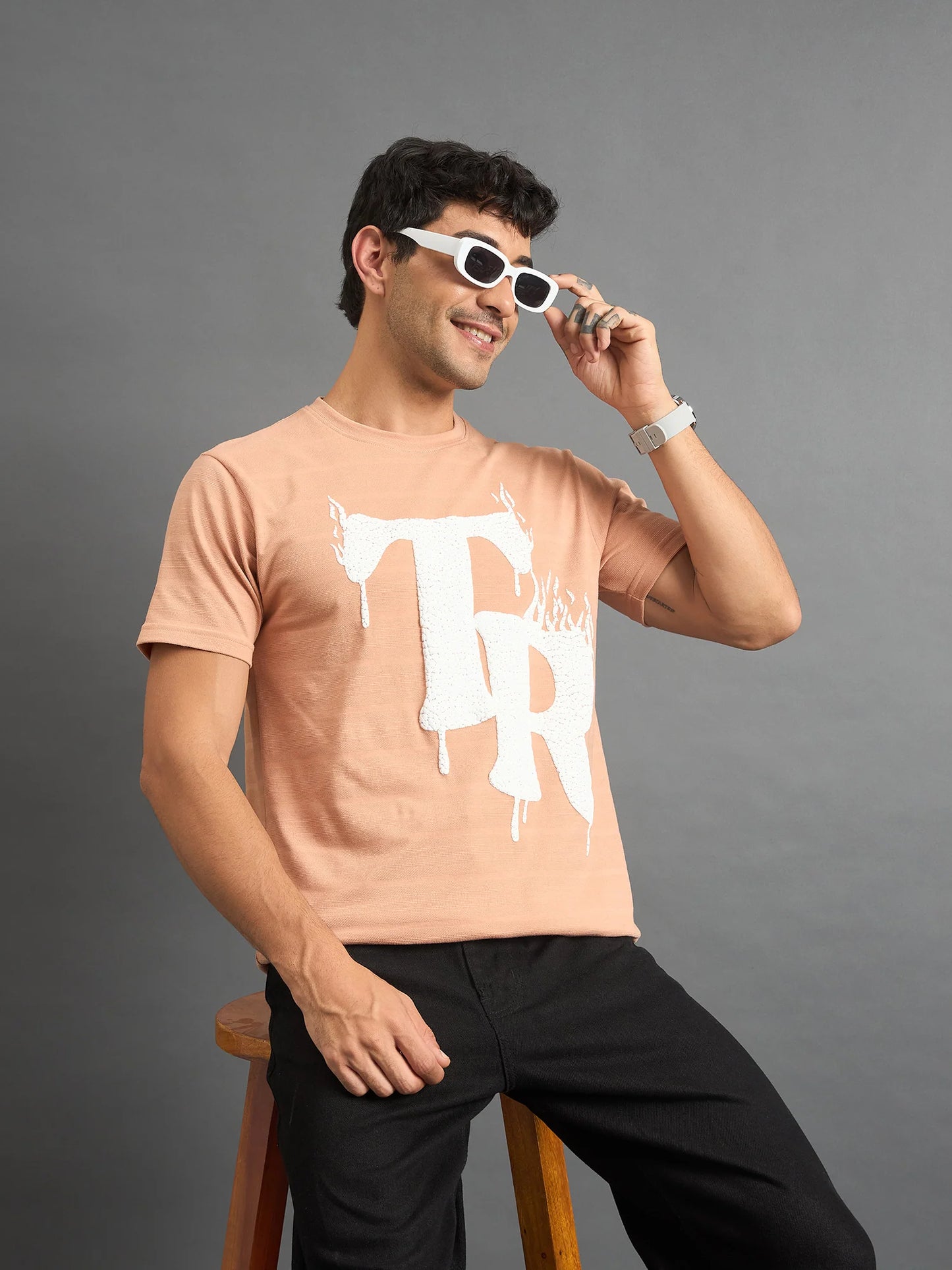 Men Printed Round Neck T-shirt Peach