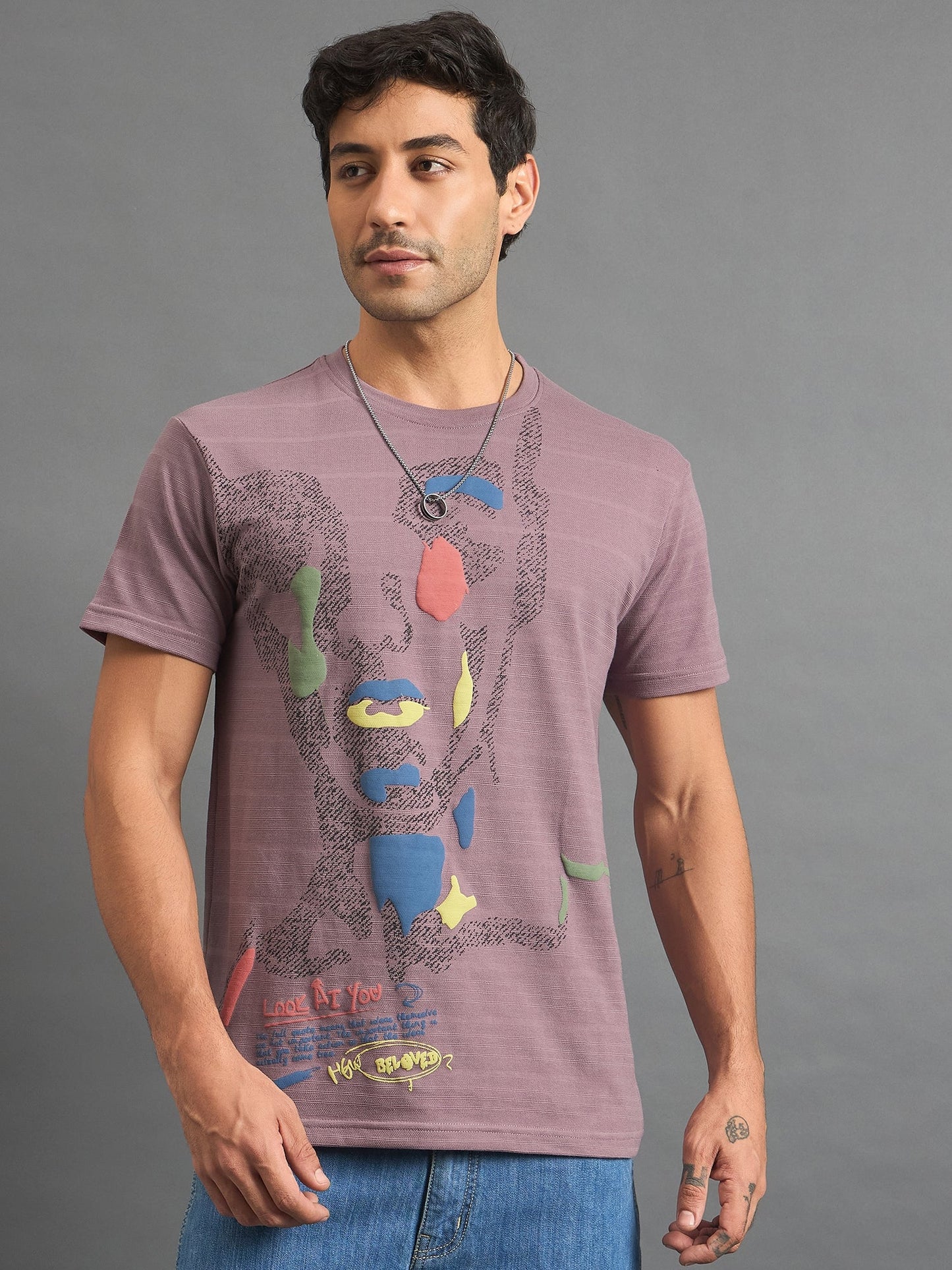Men Printed Round Neck T-shirt Lilac