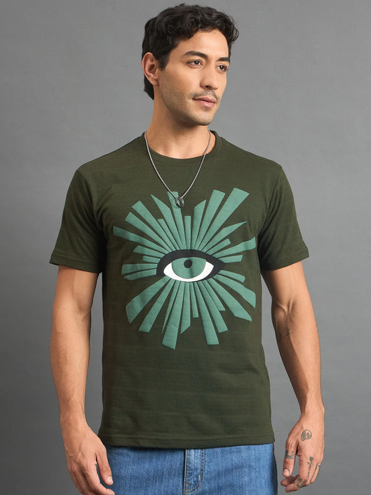 Men Printed Round Neck T-shirt Olive