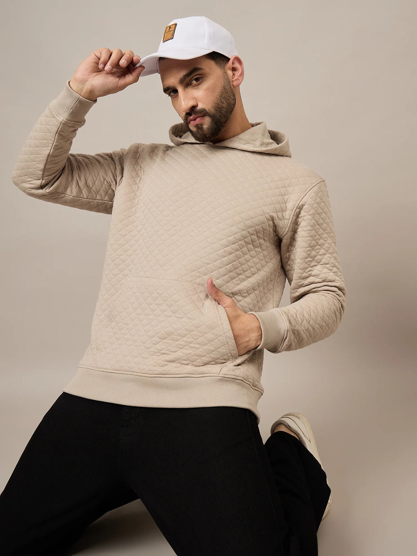 Men Textured Beige Quilted Hoodie - Reprise