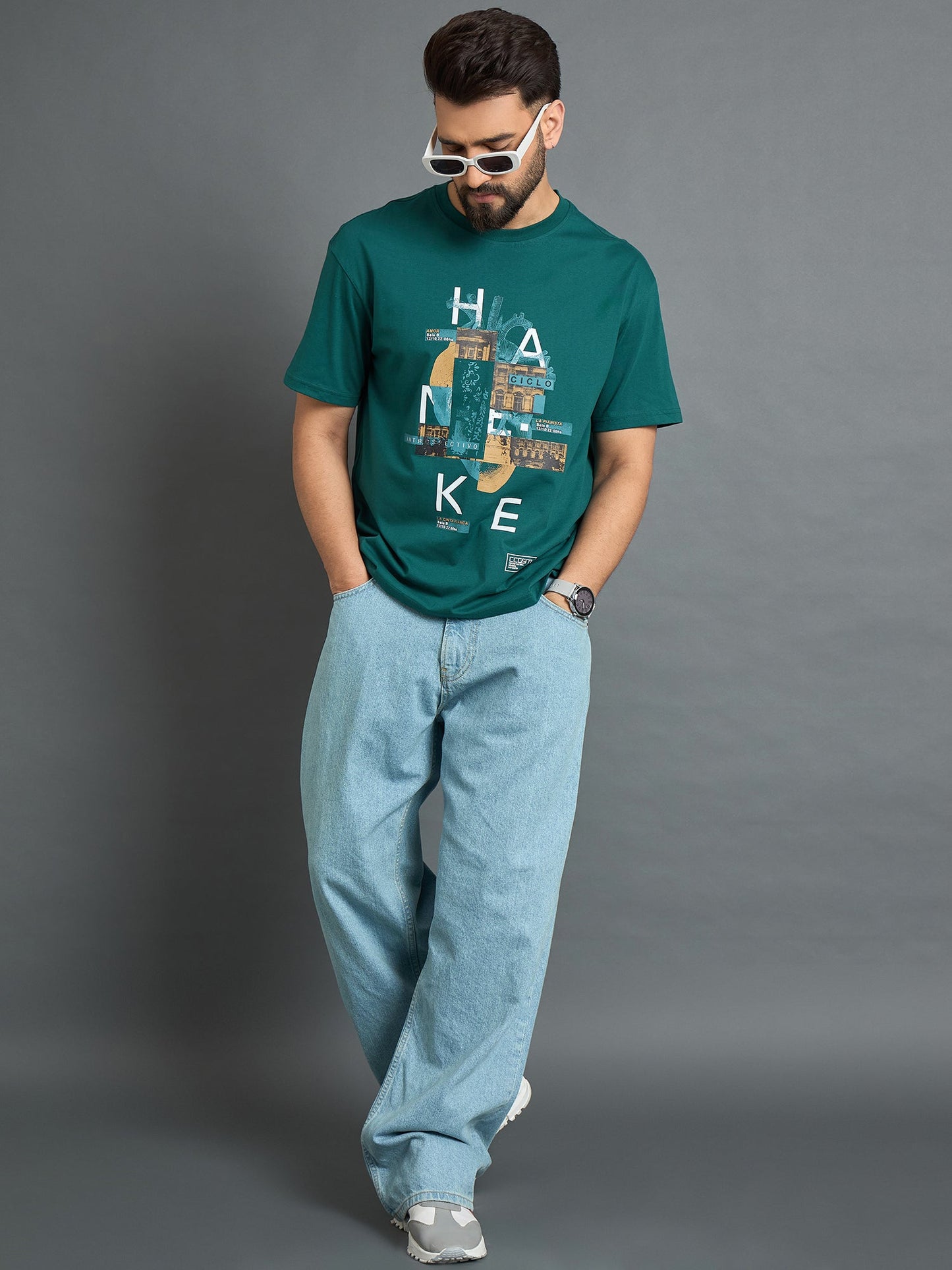 Men Printed Drop Shoulder Tee Teal