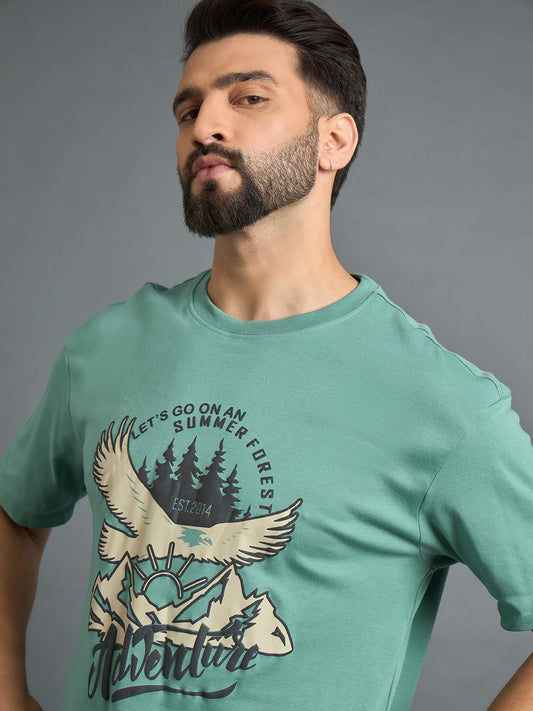 Men Drop Shoulder Printed Tee Sea Green