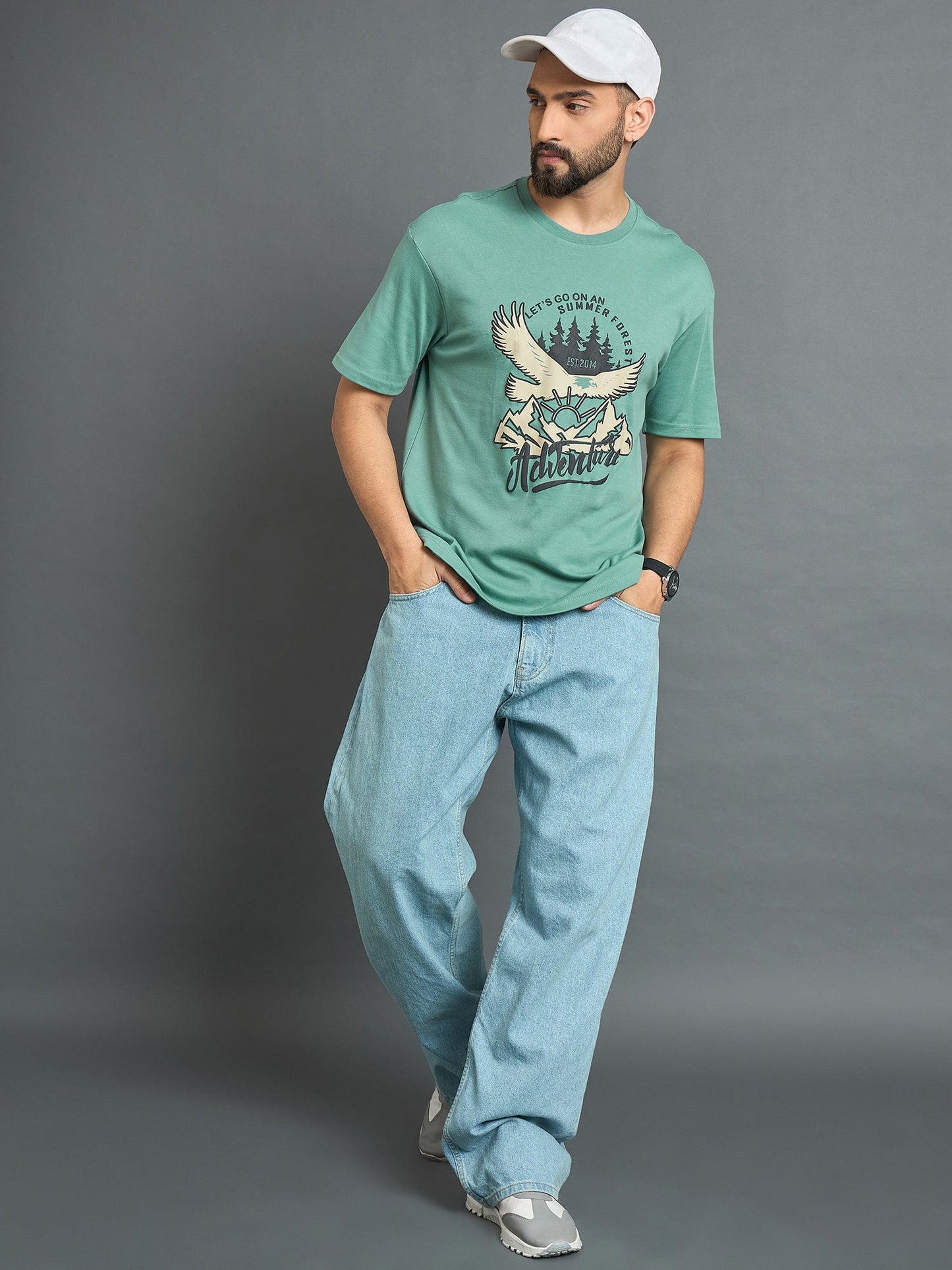 Men Drop Shoulder Printed Tee Sea Green