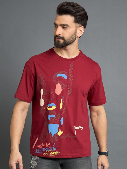 Men Drop Shoulder Printed Tee Red