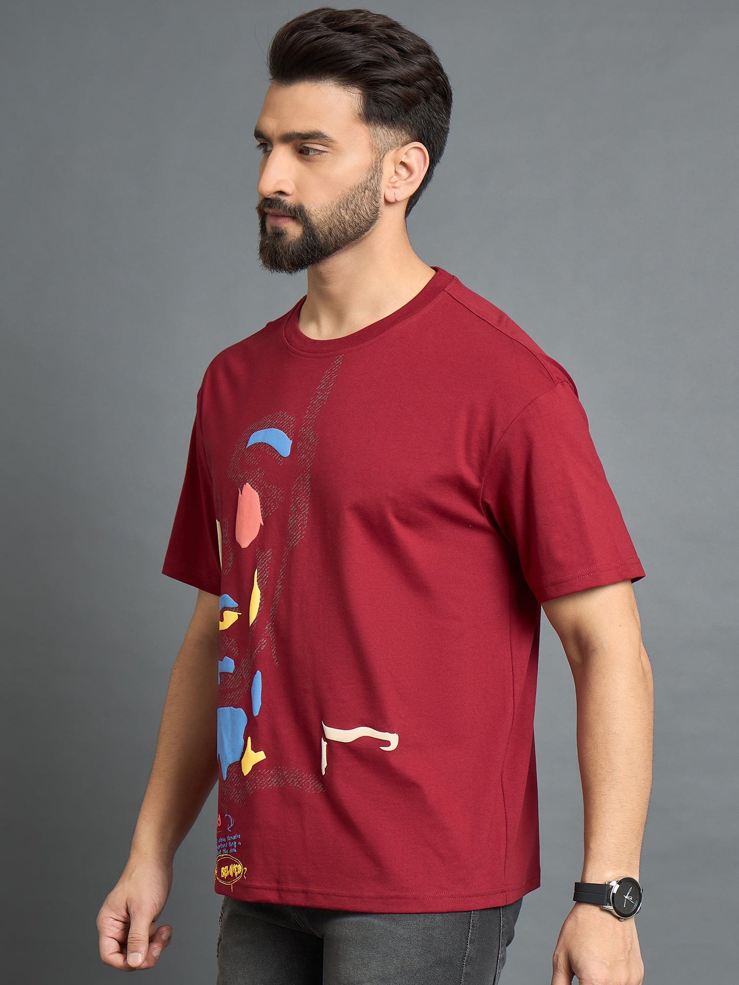 Men Drop Shoulder Printed Tee Red