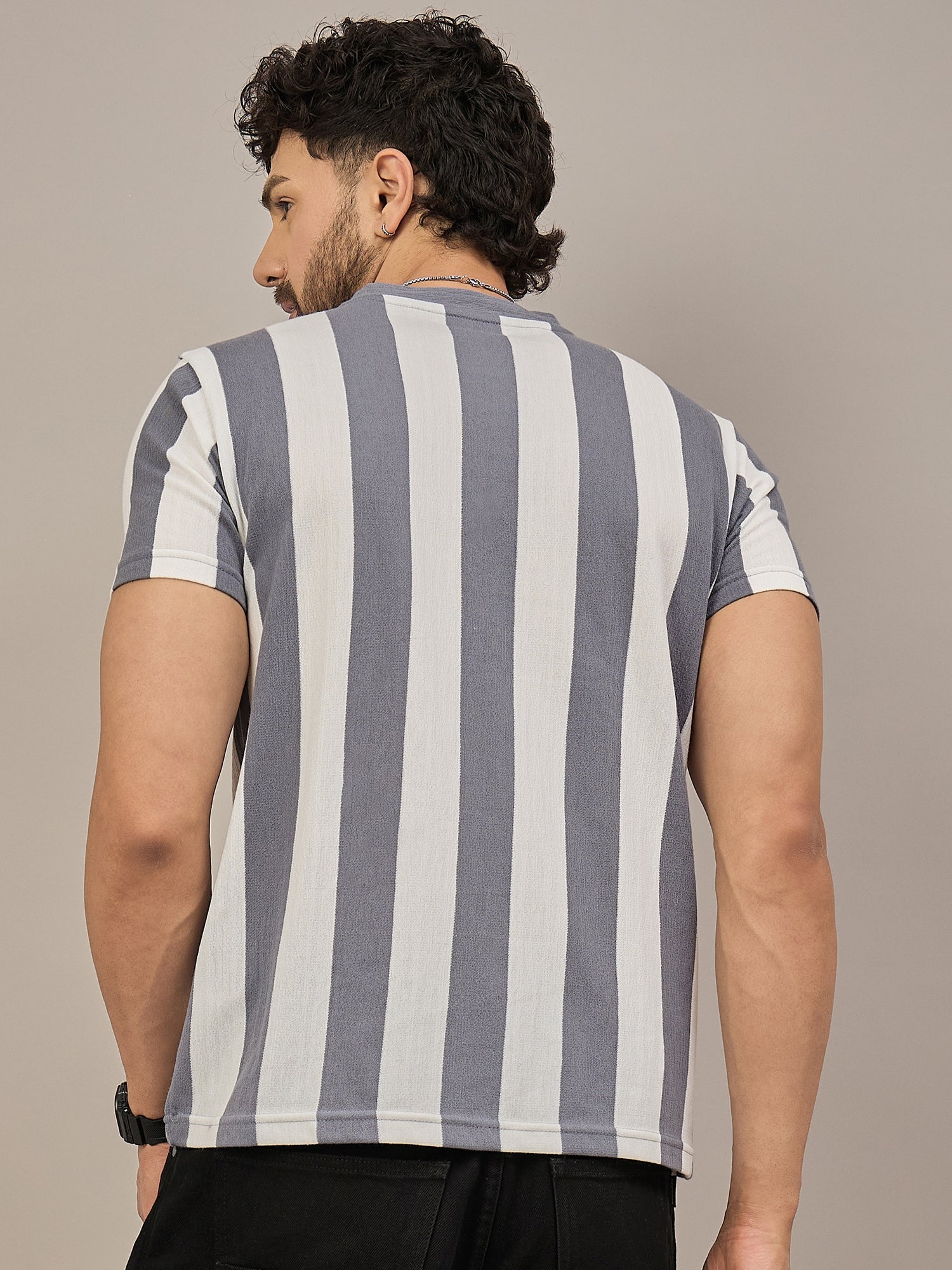 Men Striped T-shirt Grey & White