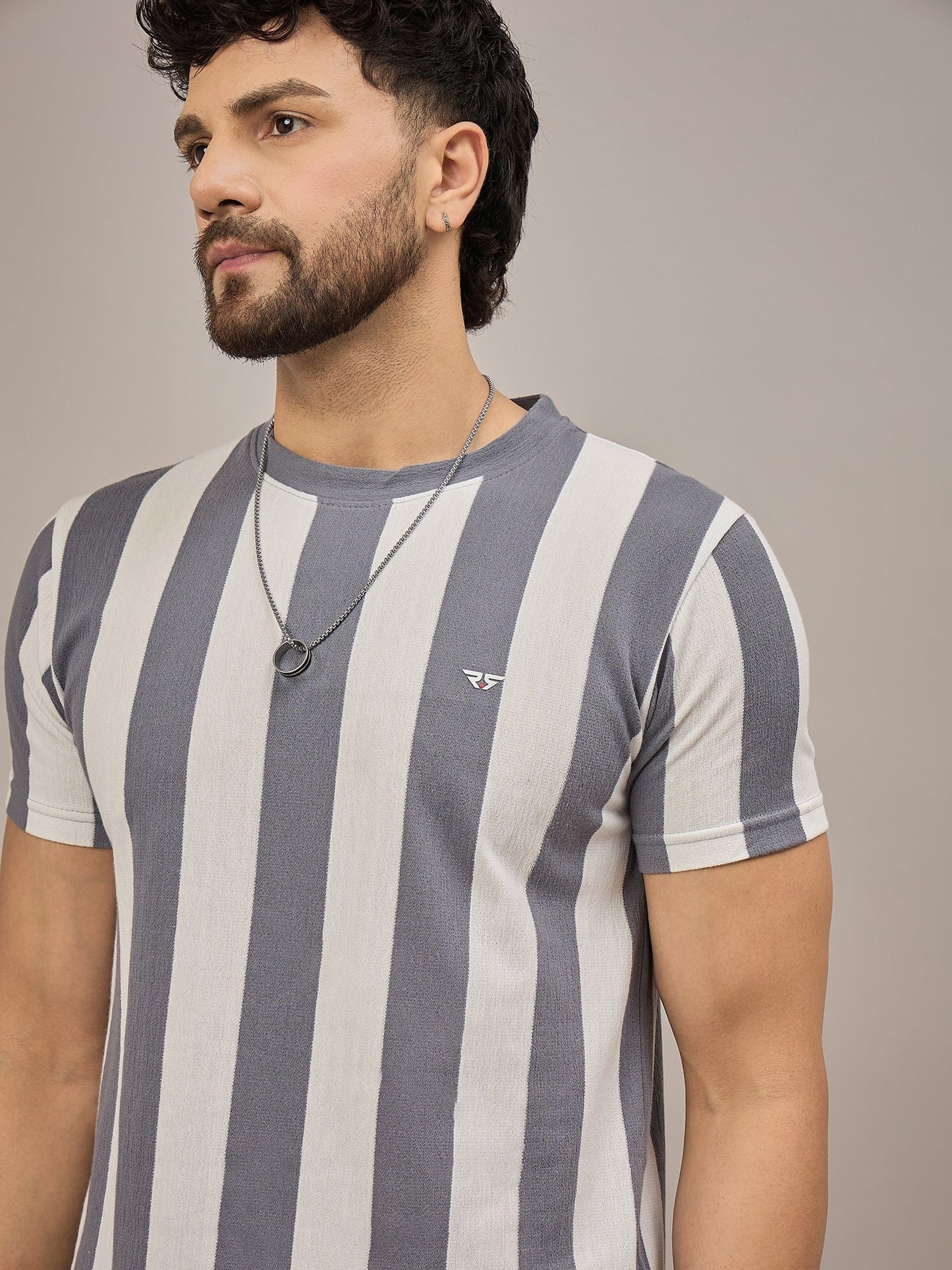 Men Striped T-shirt Grey & White