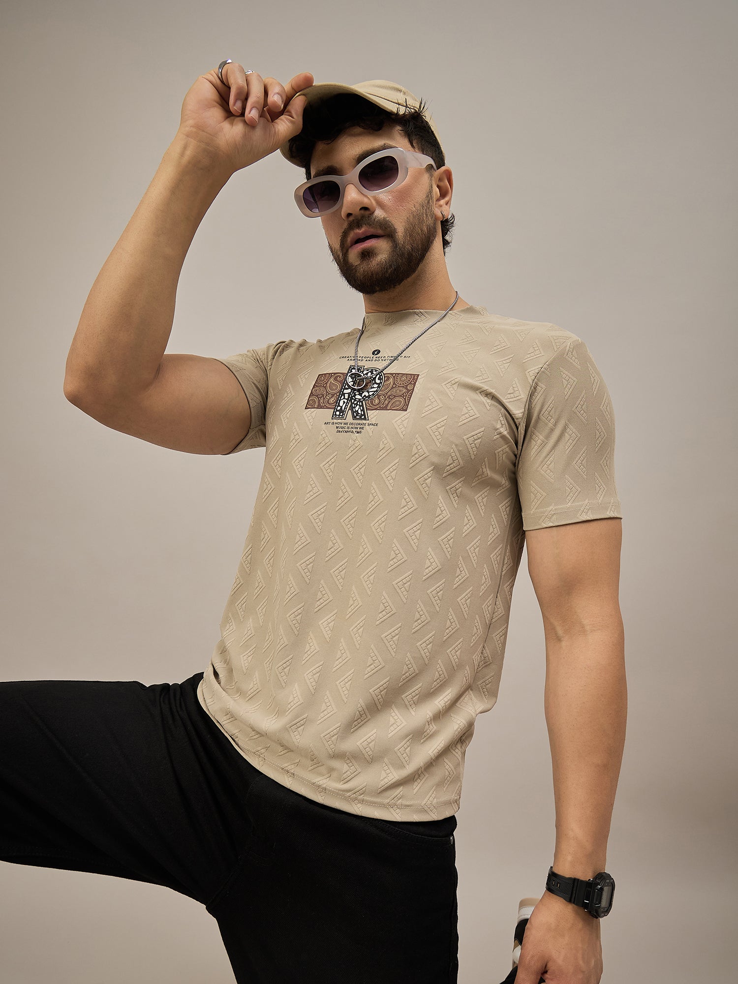 Men Round Neck T-shirt Beige