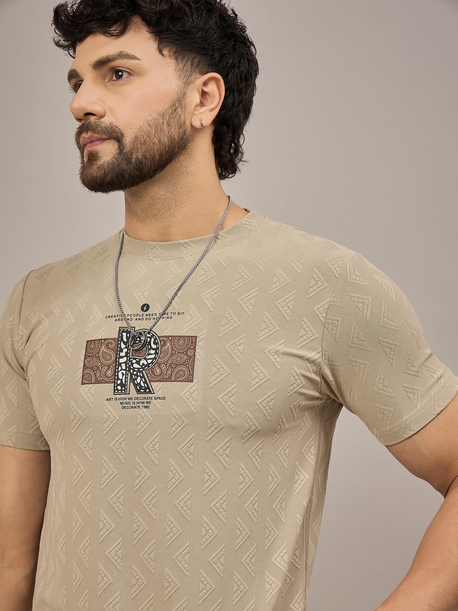 Men Round Neck T-shirt Beige