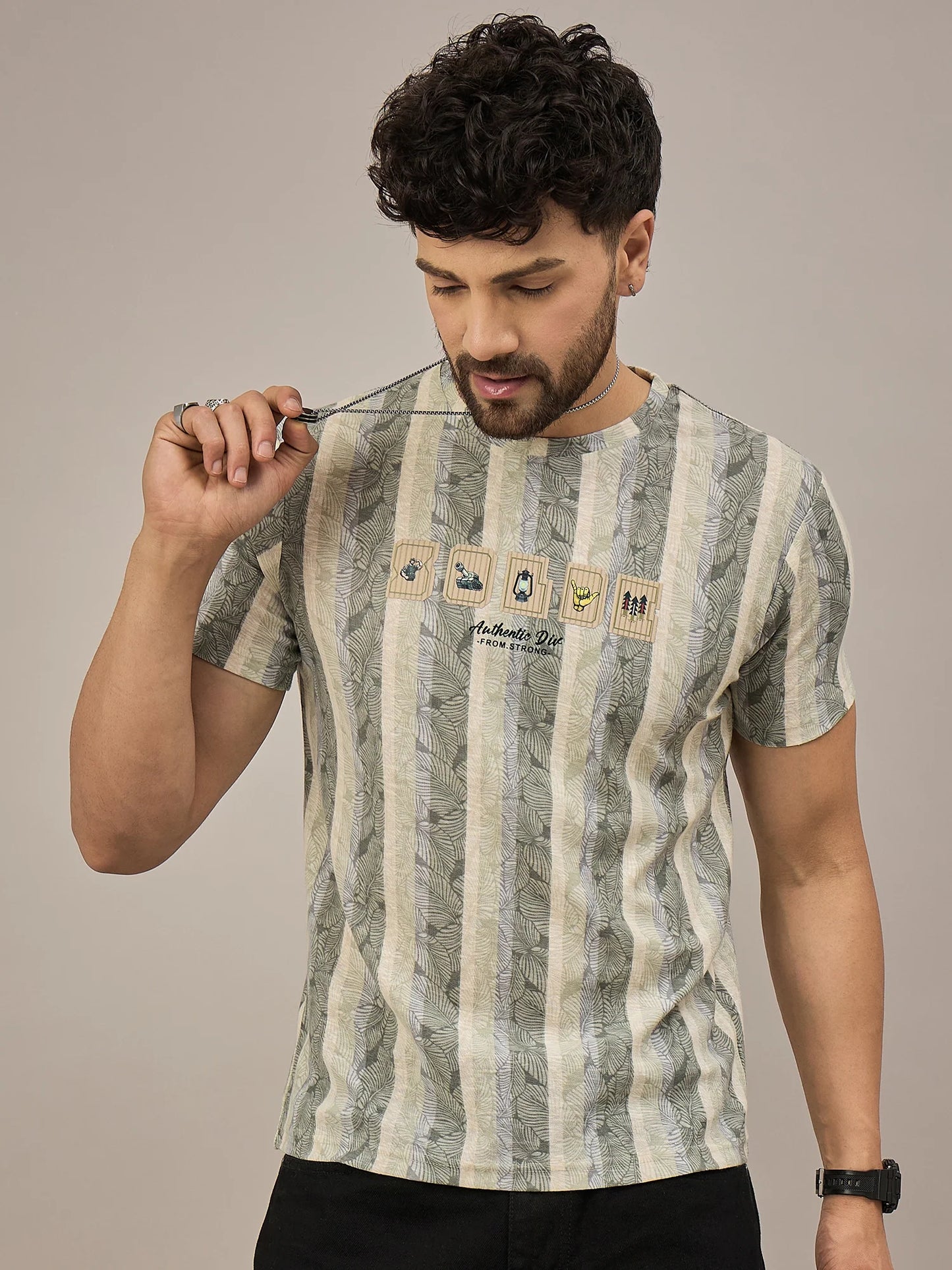 Men Striped T-shirt Green and Light Blue