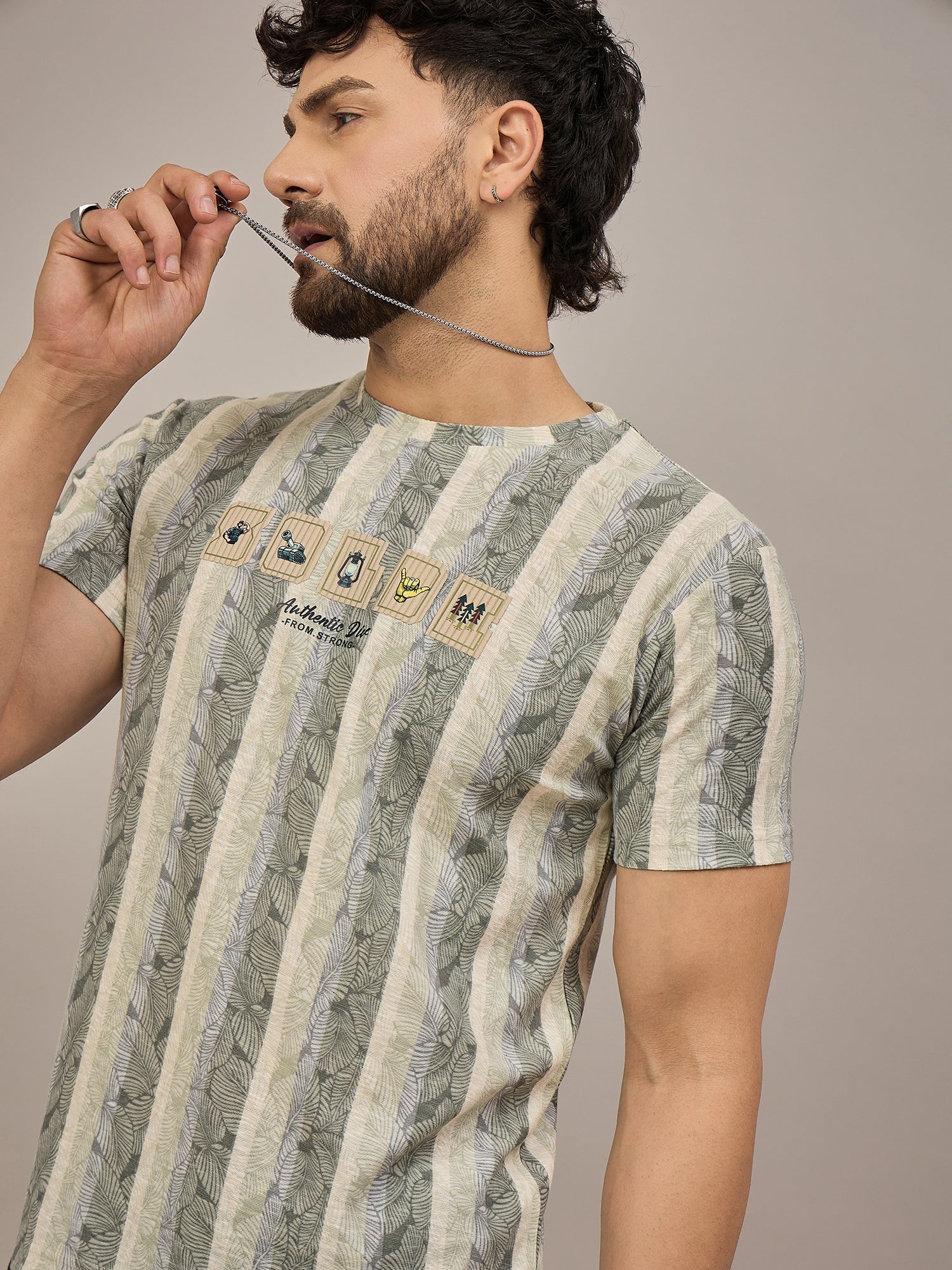Men Striped T-shirt Green & Light Blue