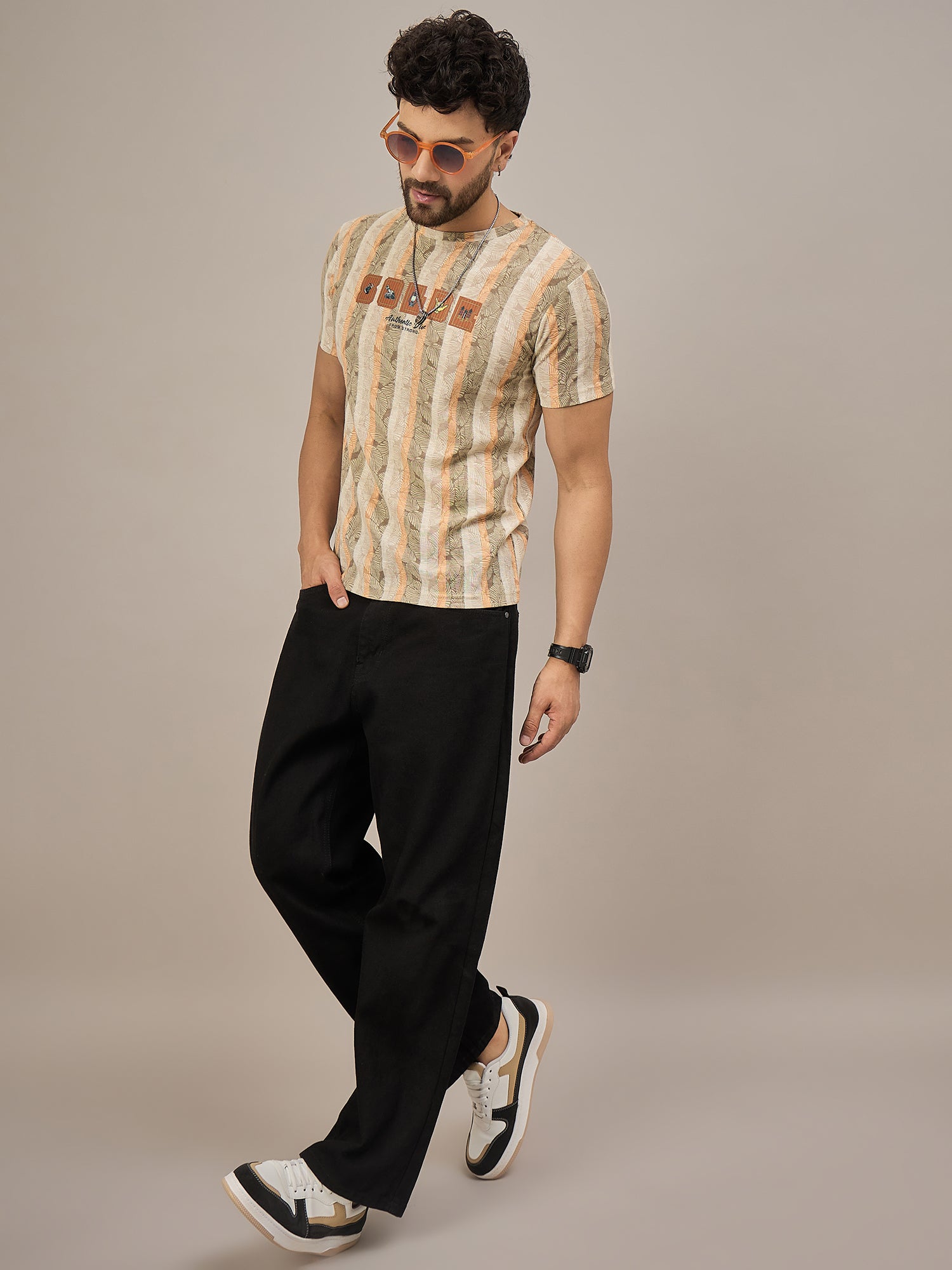 Men Striped T-shirt Light Brown & Orange