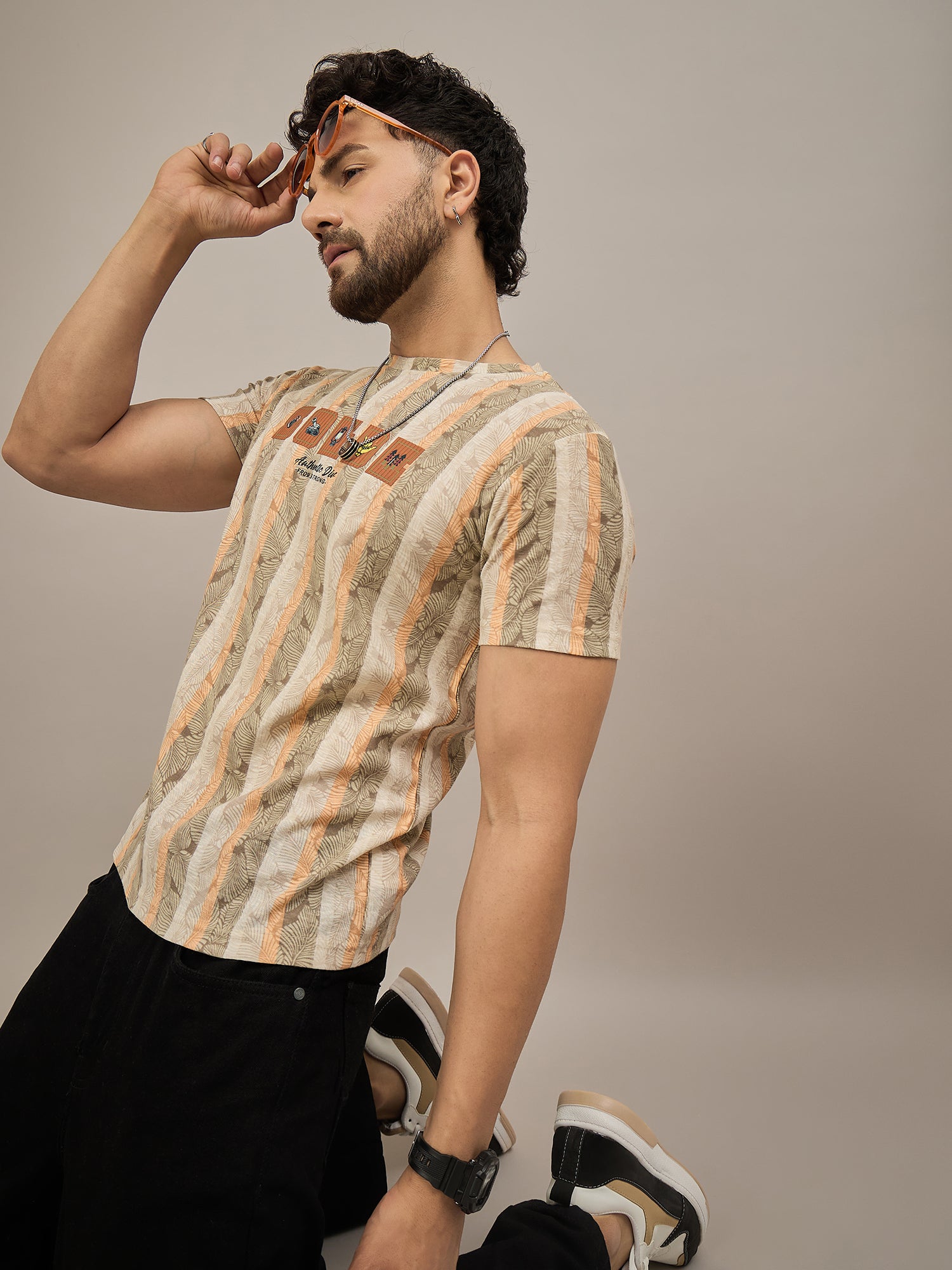 Men Striped T-shirt Light Brown & Orange